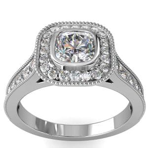 Asscher Cut Halo Diamond Engagement Ring, Milgrain Bezel Set in a Bead Set Milgrain Halo and Band.