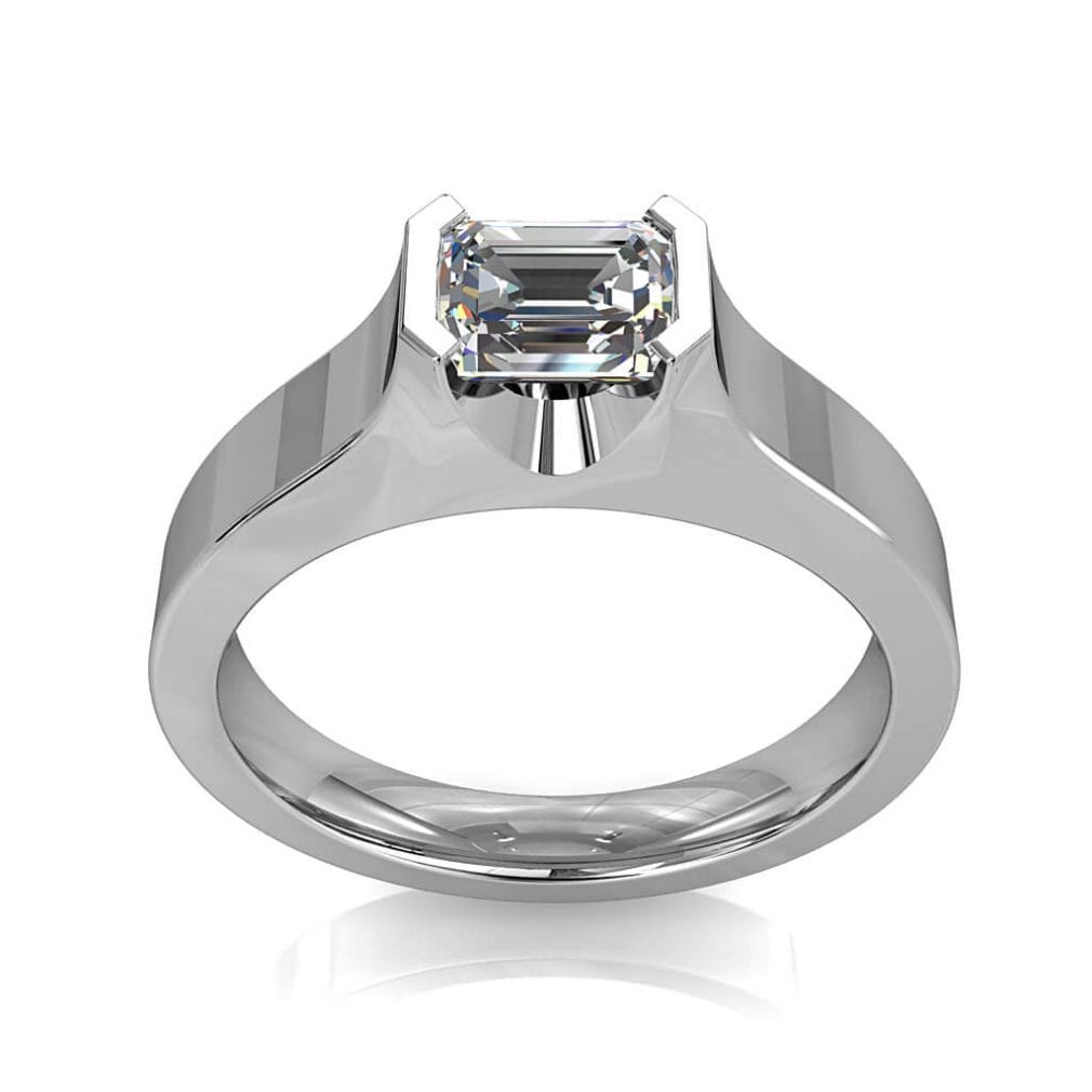 Emerald Cut Solitaire Diamond Engagement Ring, Horizontal Half Bezel Set in a Flat Band.