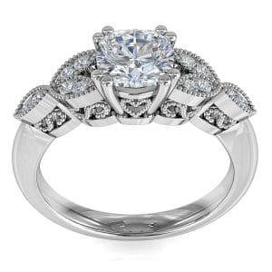 Asscher Cut Solitiare Diamond Engagement Ring, Double Claws set on a Milgrain Bead Set Band with Vintage Leaf Side Detail and Milgrain Scrolling Undersetting.