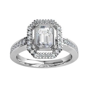 Emerald Cut Halo Diamond Engagement Ring, Bezel Set in a Cut Claw Halo on a Bead Set Band.