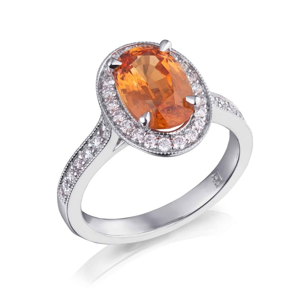 Oval Mandarin Spessartite Garnet & Diamond Halo Ring