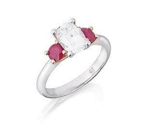 Oval White Sapphire & Ruby Three Stone Ring