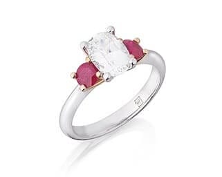 Oval White Sapphire & Ruby Three Stone Ring