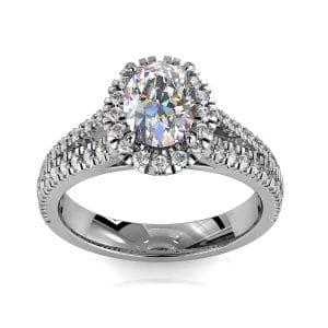 Oval Cut Halo Diamond Engagement Ring, 4 Round Claws set in a Cut Claw Halo with a Fine Cut Claw Split Band.