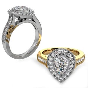Pear Shape Diamond Engagement Ring, Milgrain Bezel Set in a Milgrain Bead Set Halo and Band with a Classic Underrail Setting.