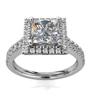 Princess Cut Halo Diamond Engagement Ring, 4 Claw Set with a Cut Claw Halo and Band.