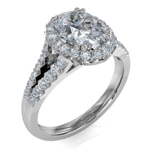 Oval Cut Diamond Engagement Ring, Double Claw Set in a Cut Claw Halo on Split Cut Claw Band.