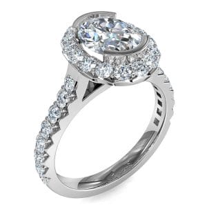 Oval Cut Diamond Engagement Ring, Half Bezel Set in Cut Claw Halo and Band.