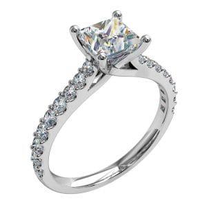 Cushion Cut Solitaire Diamond Engagement Ring, 4 Claw Set on a Tapered Cut Claw Band with an Undersweep Setting.