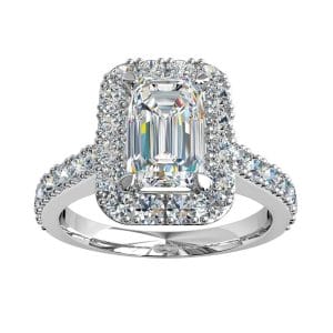 Emerald Cut Halo Diamond Engagement Ring, 4 Pear Claw Set in a Cut Claw Halo and Cut Claw Band with a Diamond Undersweep Setting.