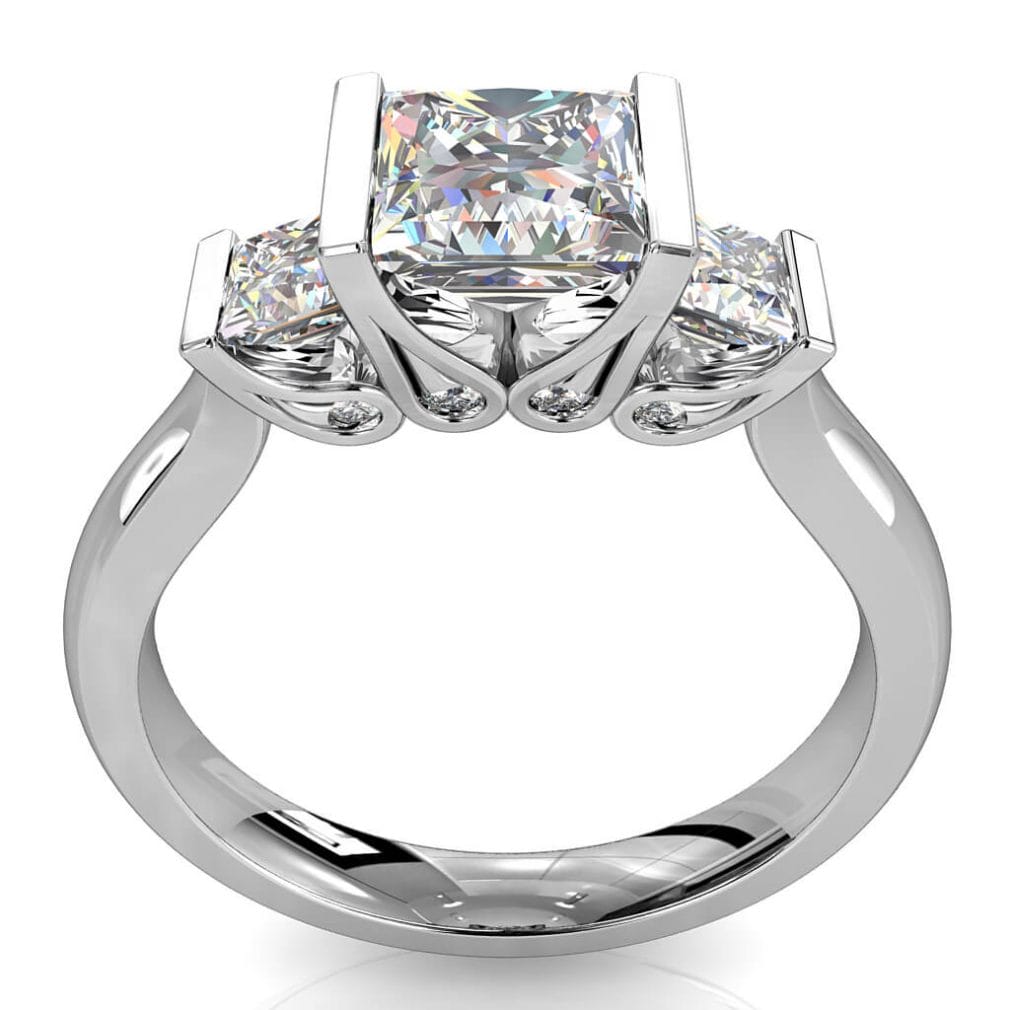 Princess Cut Trilogy Diamond Engagement Ring, Tension Set on a Plain Band with Hidden Diamond Undersetting.