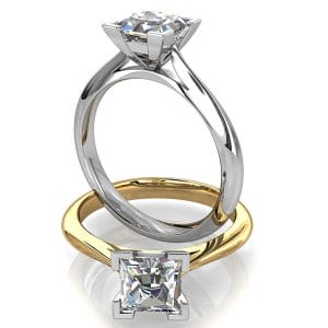 Princess Cut Solitaire Diamond Engagement Ring, 4 Corner Claws on a Tapered Band with a Classic Underrail Setting.