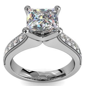Princess Cut Solitaire Diamond Engagement Ring, 4 Claws on a Milgrain Bead Set Band.