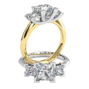 Princess Cut Trilogy Diamond Engagement Ring, 4 Corner Claws on a Knife Edge Band with an Undersweep Setting.