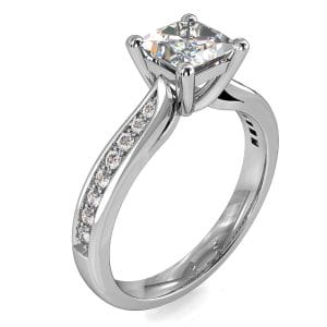 Princess Cut Solitaire Diamond Engagement Ring, 4 Claw Set on a Tapered Bead Set Band with Side Support Bar.