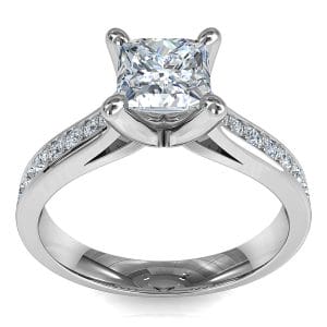 Princess Cut Solitaire Diamond Engagement Ring, 4 Pear Claws on a Tapered Bead Set Band.
