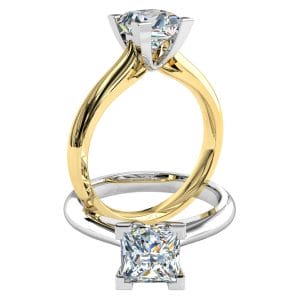 Princess Cut Solitaire Diamond Engagement Ring, 4 Corner Claws on a Rounded Band.