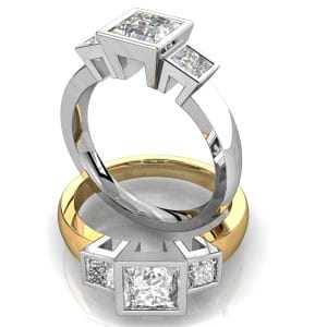 Princess Cut Trilogy Diamond Engagement Ring, Bezel Set on a Plain Band.