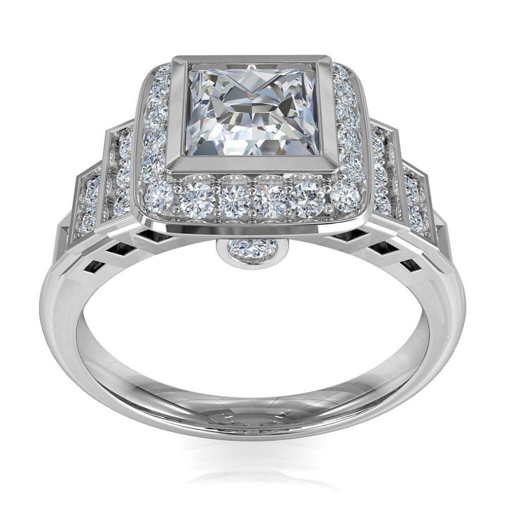 Princess Cut Halo Diamond Engagement Ring, Bezel Set in a Bead Set Halo on an Art Deco Style Stepped Diamond Set Band.