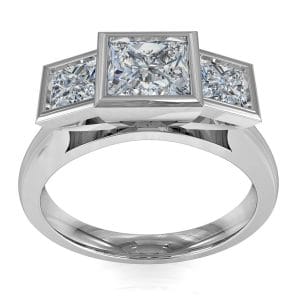 Princess Cut Trilogy Diamond Engagement Ring, Bezel Set Stones with a Classic Under Setting.