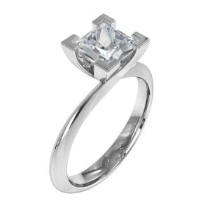 Princess Cut Solitaire Diamond Engagement Ring, 4 Corner Claws on Tapered Band with a Twisted Undersetting.