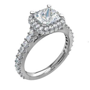 Princess Cut Halo Diamond Engagement Ring, 4 Double Claw Set on a Cut Claw Halo and Band.