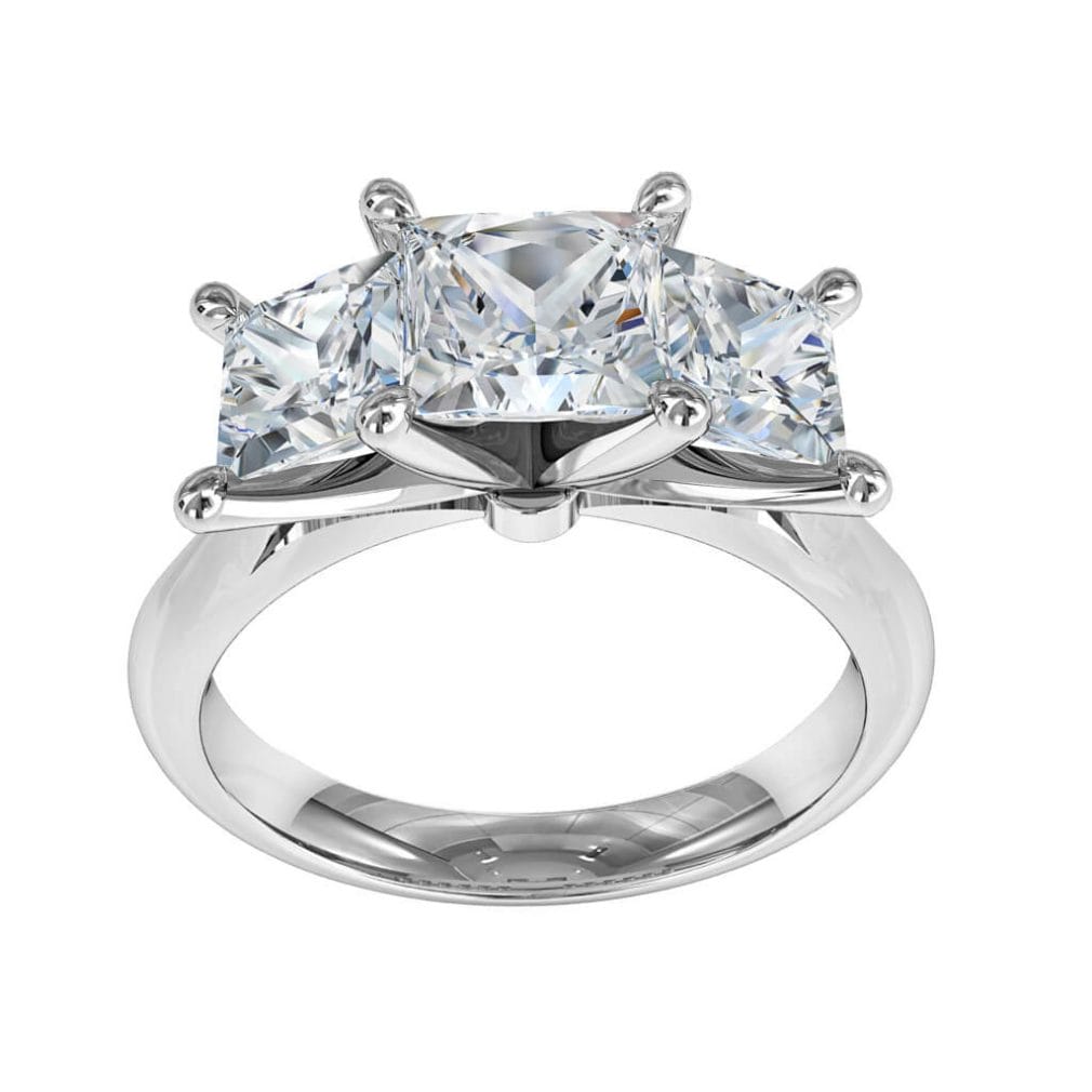 Princess Cut Trilogy Diamond Engagement Ring, 4 Pear Shaped Claws on a Tapered Band.