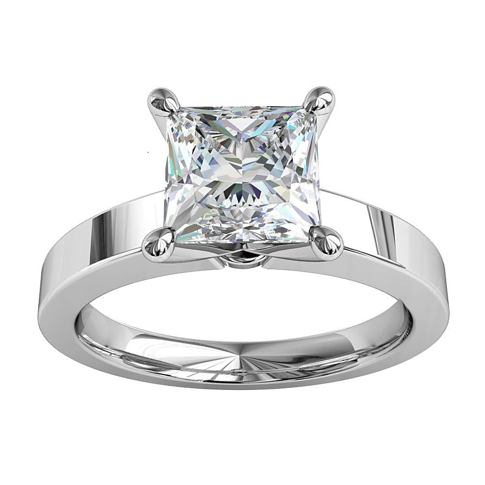Princess Cut Solitaire Diamond Engagement Ring, 4 Pear Shape Claws on a Flat Band.