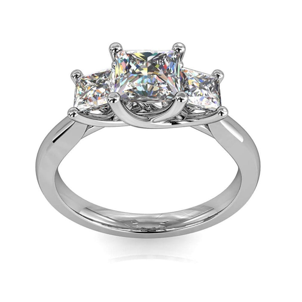 Princess Cut Trilogy Diamond Engagement Ring, on a Tapered Band with an Undersweep Setting.