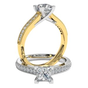 Princess Cut Solitaire Diamond Engagement Ring, 4 Corner Claws on a Milgrain Bead Set Band with an Undersweep Setting.