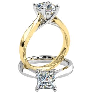 Princess Cut Solitaire Diamond Engagement Ring, 4 Claws on a Tapering Band with Side Scroll Details.