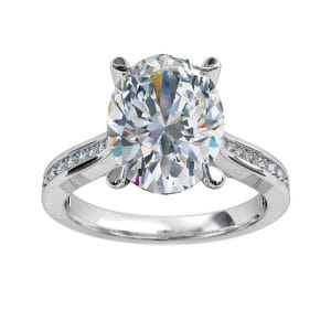 Oval Cut Solitaire Diamond Engagement Ring, 4 Claw Set on a Round Channel Set Band with Undersweep Setting.