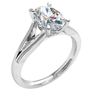 Oval Cut Solitaire Diamond Engagement Ring, 4 Pear Shape Claws on a Split Band, with Scroll Undersetting.