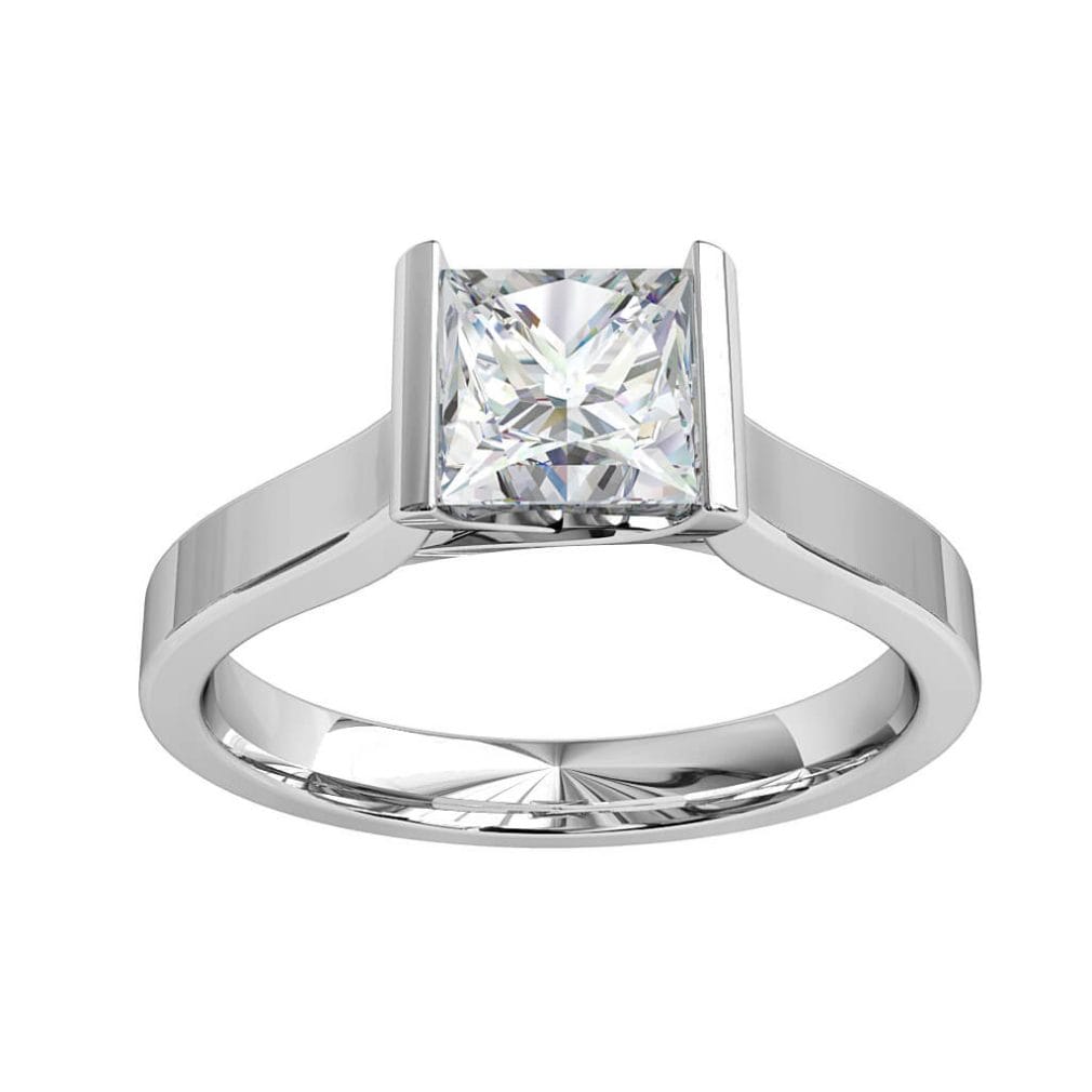 Princess Cut Solitaire Diamond Engagement Ring, Tension Set and an Undersweep Setting.