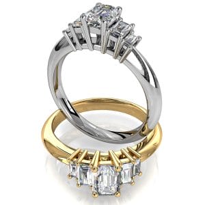Emerald Cut Trilogy Diamond Engagement Ring, 5 Stone Emerald Cut Stones on Knife Edge Band.