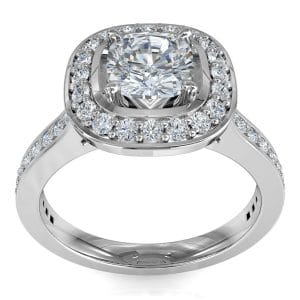 Asscher Cut Halo Diamond Engagement Ring, 4 Pear Claws Set in a Bead Set Halo and Band.