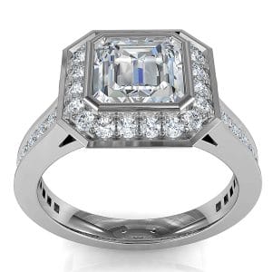 Asscher Cut Halo Diamond Engagement Ring, Bezel Set into a Bead Set Halo and Band.