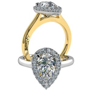 Pear Shape Halo Diamond Engagement Ring, 3 Pear Shape Claws Set in a Cut Claw Halo and a Classic Underrail Setting.