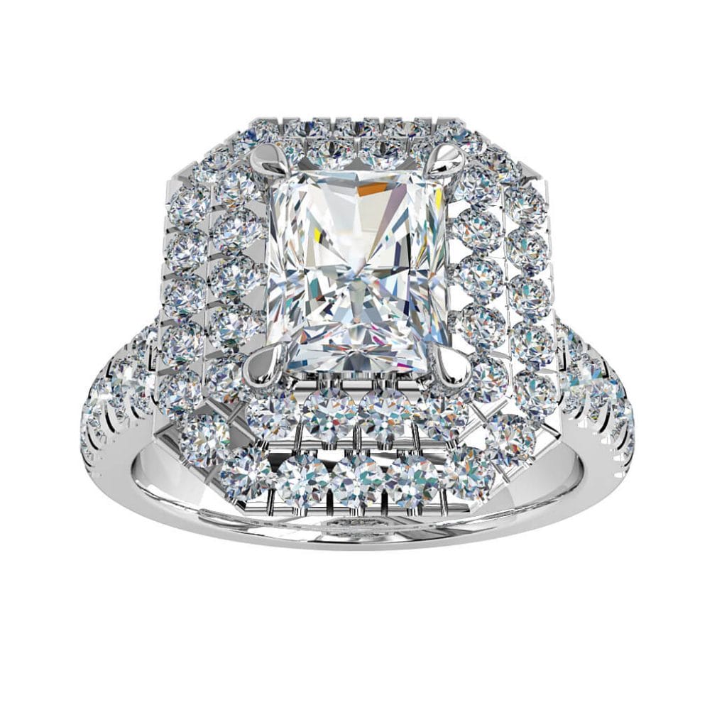 Emerald Cut Halo Diamond Engagement Ring, Double Cut Claw Halo and Cut Claw Split Band with a Hidden Diamond Undersetting.
