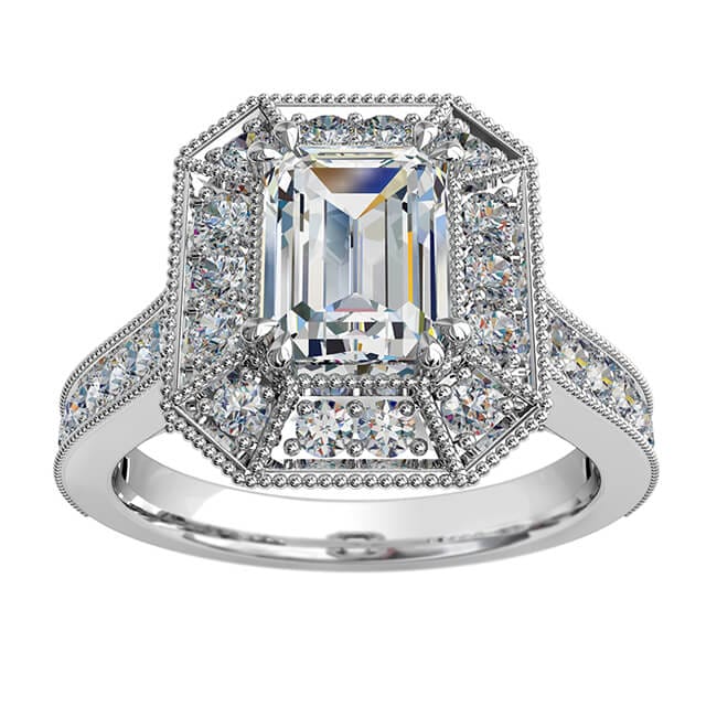 Emerald Cut Halo Diamond Engagement Ring, 4 Double Pear Claws Set in a Milgrain Bead Set Halo and Band with a Milgrain Diamond Undersweep Setting.