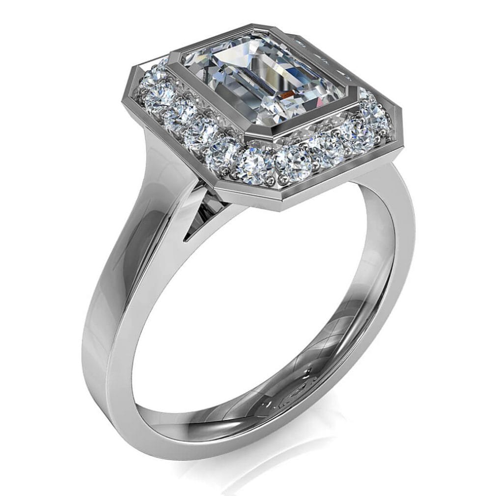 Emerald Cut Halo Diamond Engagement Ring, Bezel Set in a Bead Set Halo.