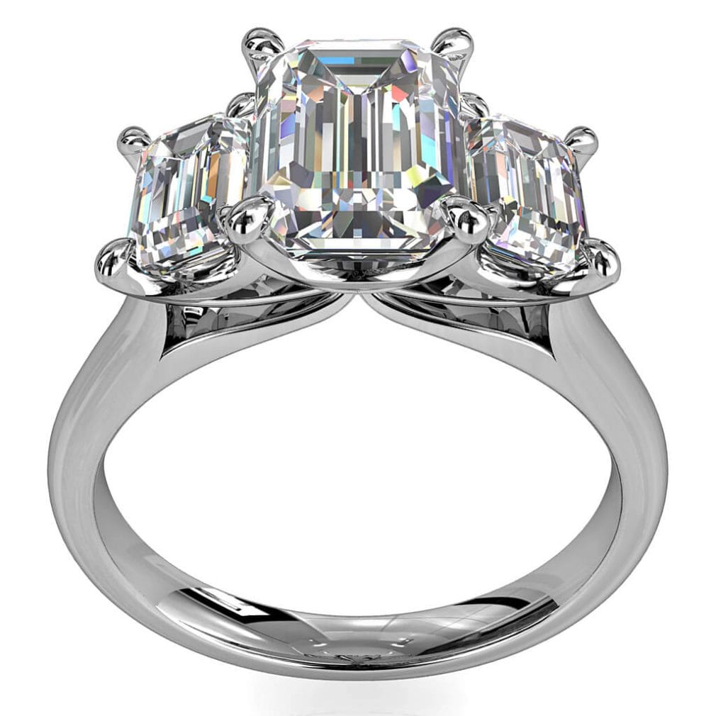 Emerald Cut Trilogy Diamond Engagement Ring, Emerald Cut Side Stones with Modern Classic Undersetting.