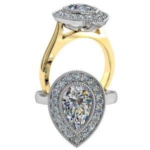 Pear Shape Halo Diamond Engagement Ring, Milgrain Bezel Set in a Milgrain Bead Set Halo on a Classic Underrail Setting.