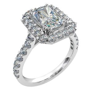 Emerald Cut Halo Diamond Engagement Ring, Double Claw Set in Heavy Cut Claw and Band with Undersweep Setting.