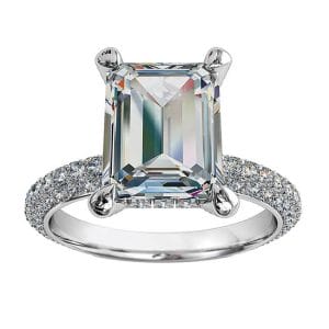 Emerald Cut Solitaire Diamond Engagement Ring, 4 Pear Claw Set on a Rolled Pave Band with Cut Claw Undersetting and Support Bar.