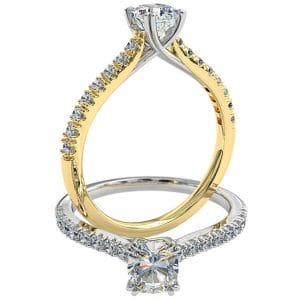 Cushion Cut Solitaire Diamond Engagement Ring, 4 Double Pear Claw Set on a Cut Claw Band with an Undersweep Setting