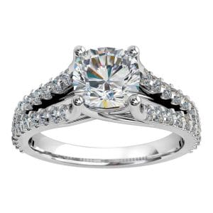 Cushion Cut Solitaire Diamond Engagement Ring, 4 Claw Set on Diamond Cut Claw Split Band with an Undersweep Setting.
