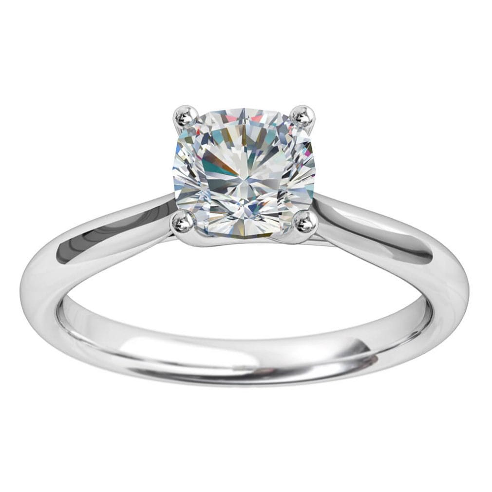 Cushion Cut Solitaire Diamond Engagement Ring, 4 Claw Set on a Round Tapered Band with an Undersweep Setting.