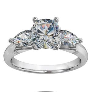 Cushion Cut Triology Diamond Engagement Ring, with Pear Side Diamonds and Lotus Setting Detail.