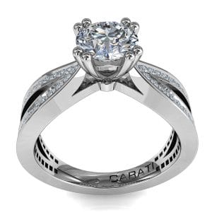 Round Brilliant Cut Diamond Solitaire Engagement Ring, 4 Double Claw Set on a Bead Set Bow Shaped Band.